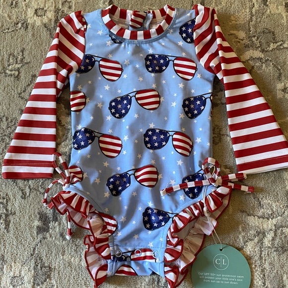 Caden Lane Ruffle Butt Patriotic Baby Rashguard  Swimsuit with Sunglasses Print - Picture 10 of 10